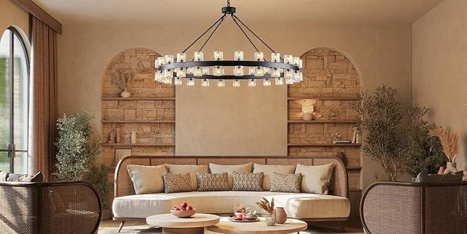 48 Inch Black Wagon Wheel Chandelier with Crystal Shade, Crystal Chandelier, Modern Farmhouse Style, Ideal for Dining Room, Kitchen, Entryways,48 Lights (Bulbs Included)