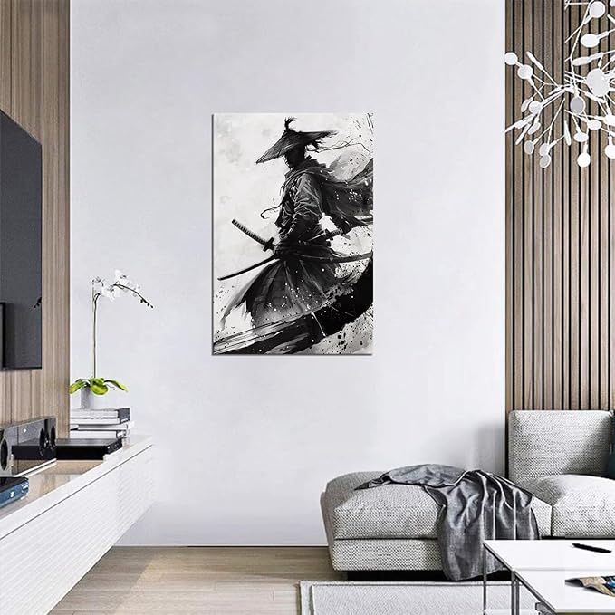 Black and White Warrior Wall Decor Japanese Samurai Wall Art Prints Vintage Japanese Cultural Samurai Pictures Canvas Painting Framed for Living Room Bathroom Bedroom Office (24''W x 36''H)