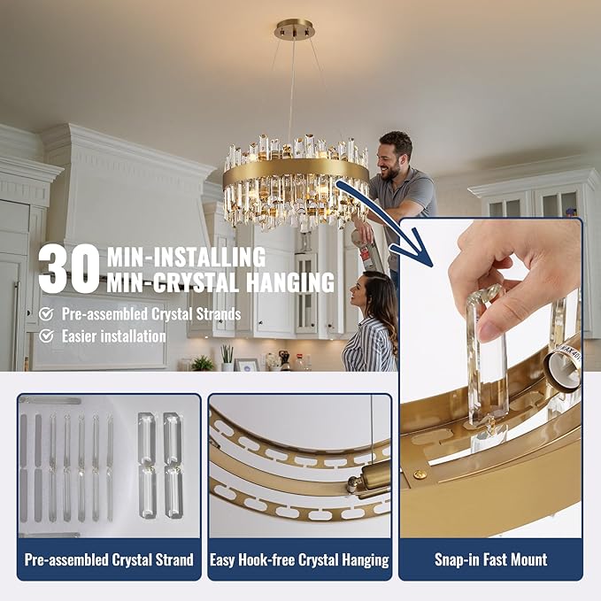 Modern Gold Crystal Chandelier, 12-Light Luxury Dining Room Chandelier, Elegant K9 Crystal Pendant Ceiling Light Fixture for Living Room, Kitchen, Entryway, E12 Base, 59" Adjustable Wire