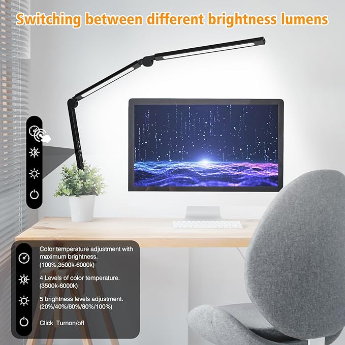 LED Desk Lamp with Clamp, Adjustable Swing Arm for Home Office, Dimmable Tempering Eye Care, Bright Modern Led Table Lamp for Nail Tech Architect, Flexible Tall Task Table Light