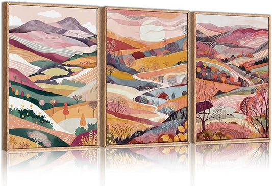 KAIRNE Boho Colorful Mountain Canvas Wall Art Set, Abstract Pink Mountains Forest Artwork, 3 Panels Framed Modern Nature Landscape Home Decor for Living Room, Bedroom, Office, 16x24 Inch Wall Decor