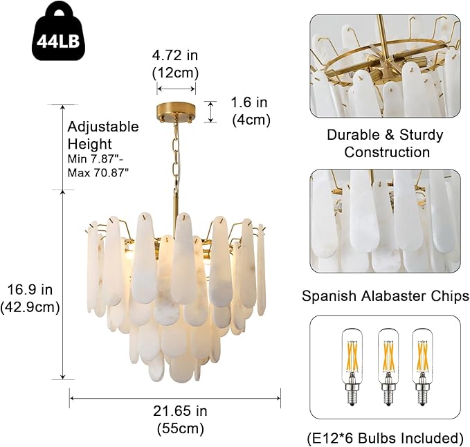 Alabaster Chandelier, D23.6in Modern Alabaster Round Dining Room Chandelier, 4-Tiers Luxury Natural Stone Ceiling Light Fixture, White Marble Chandeliers for Living Room Bedroom Foyer Entryway Kitchen