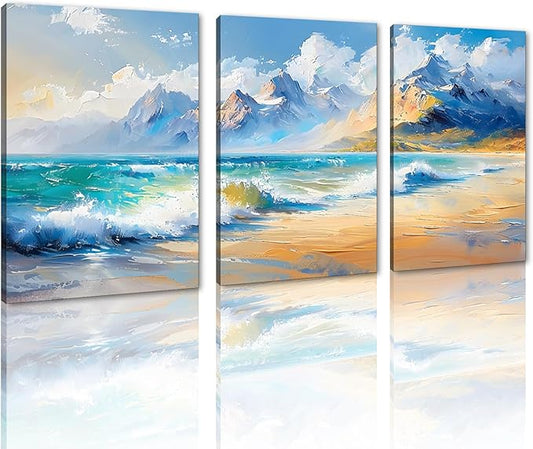 MAMAGO Ocean Beach Wall Decor 3 Pieces Modern Natural Seascape Canvas Print Oil Painting Coastal Aesthetic Artwork for Apartment Dormitory Nursery Wall Art Framed Easy to Hang-20”x28”x3pcs