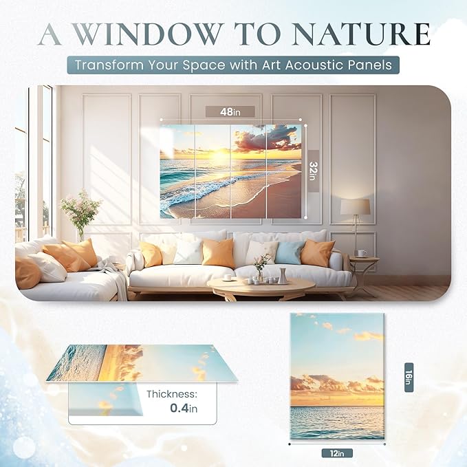 8 Pack Decorative Sound Absorbing Panels, Sound Absorbing Wall Art, 48X32 Inches Acoustic Wall Art for Decoration, Art Acoustic Panels, Acoustic Treatment, Adhesive Included, Sunrise Beach