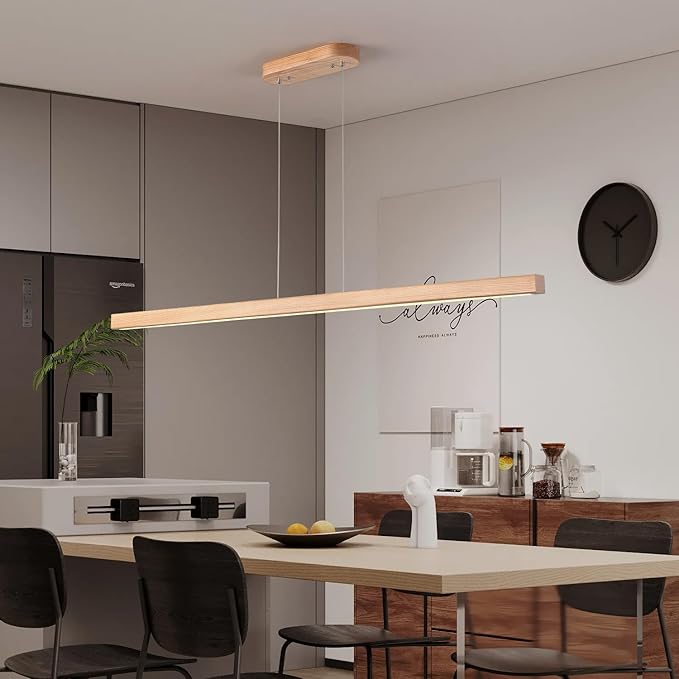 59" Wood Linear Pendant Light Fixtures Led Dining Room Chandelier Linear Kitchen Island Hanging Lights Dimmable Modern Pendant Light for Dining Room Kitchen Island Pool Table Lights Natural