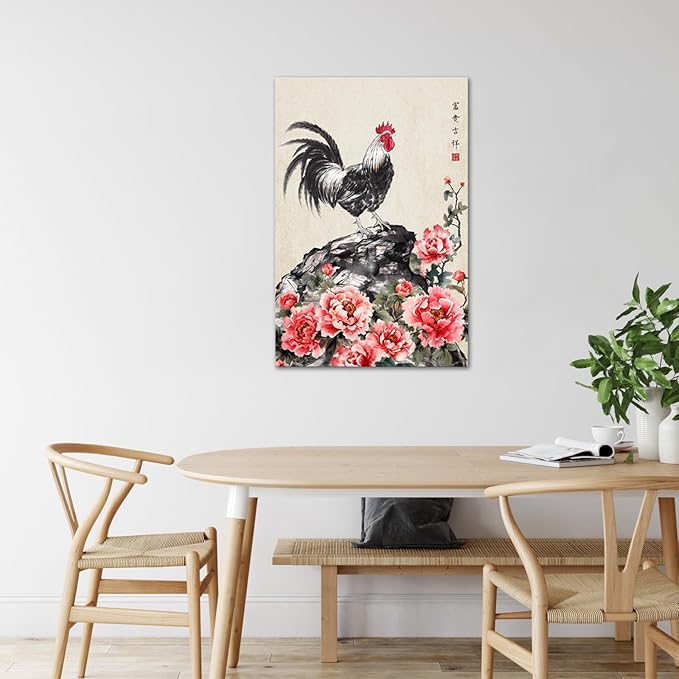 Canvbay Traditional Chinese Wall Art Rooster and Peony Floral Ink Painting on Canvas Framed Oriental Decor for Living Room Study 24x36 Inch