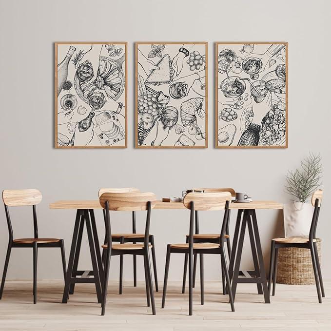 BINCUE Framed Food Wood Wall Art Set of Three Modern Cheers Kitchen Wall Decor Abstract Friends Party Art Print for Kitchen Dining Room Living Room 16x24 Inch