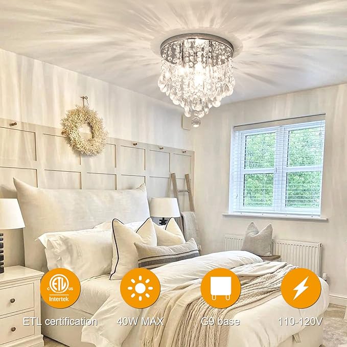3-Light Modern Small Chandelier G9 Base, Mini Crystal Flush Mount Ceiling Light Fixture Silver Finish, Ideal for Bedroom, Kitchen, Closet, Bathroom, Hallway (Chrome)