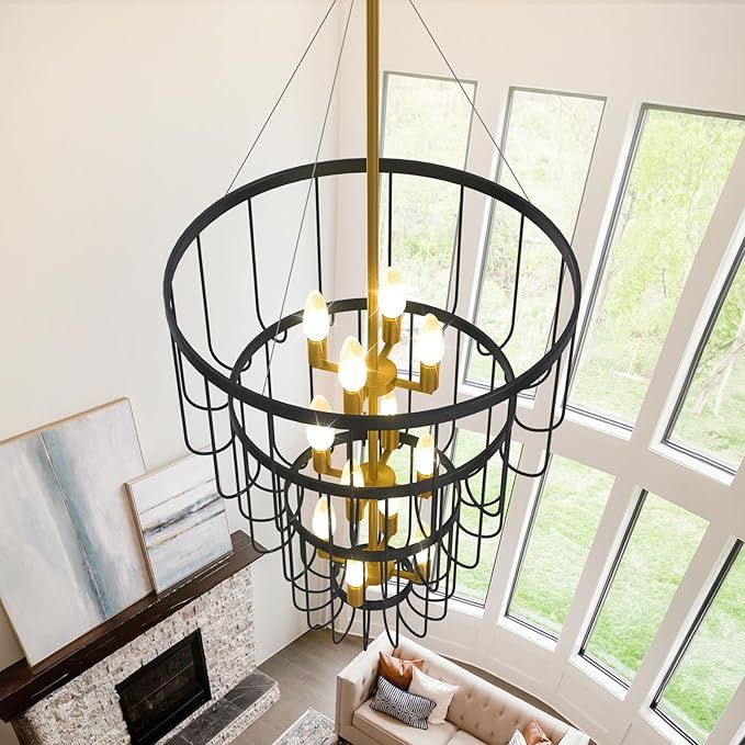 Black and Gold Chandelier, 12-Light Farmhouse Chandelier for Entryway, Industrial Foyer Lighting Fixtures, Large Chandeliers for High Ceilings, Modern Hanging Pendant Lights for Staircase, Entryway