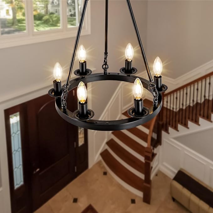 6-Light Black Wagon Wheel Chandelier, Modern Farmhouse Chandelier Rustic Industrial Round Small Wagon Wheel Light for Dining Room, Kitchen, Bedroom, Living Room,Entryways