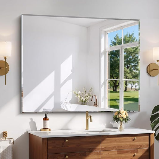 Beveled Bathroom Mirror, 40x48 Inch Large Frameless Mirrors for Wall, Upgraded Shatterproof Rectangle Beveled Vanity Mirror Hangs Horizontally/Vertically for Bedroom, Living Room and Entryway