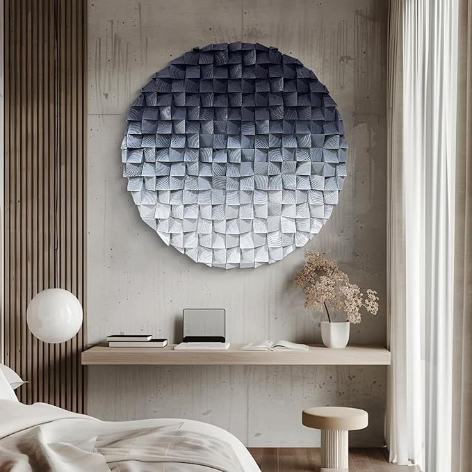 LIUZEYUE - 3D wooden block decoration painting art wall decoration 3D wooden background wall living room bedroom study (blue gray gradient) Diameter 23.6"