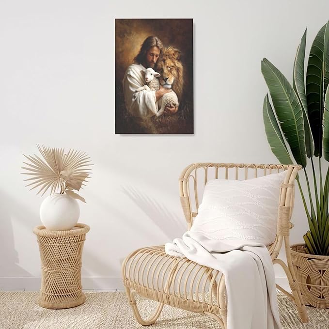 Jesus Lion Lamb Wall Art Christian Jesus Wall Decor Lion of Judah Pictures Religious God Canvas Painting Print Christ Artwork Decoration for Living Room Bedroom Church Framed Gifts 16”X24”