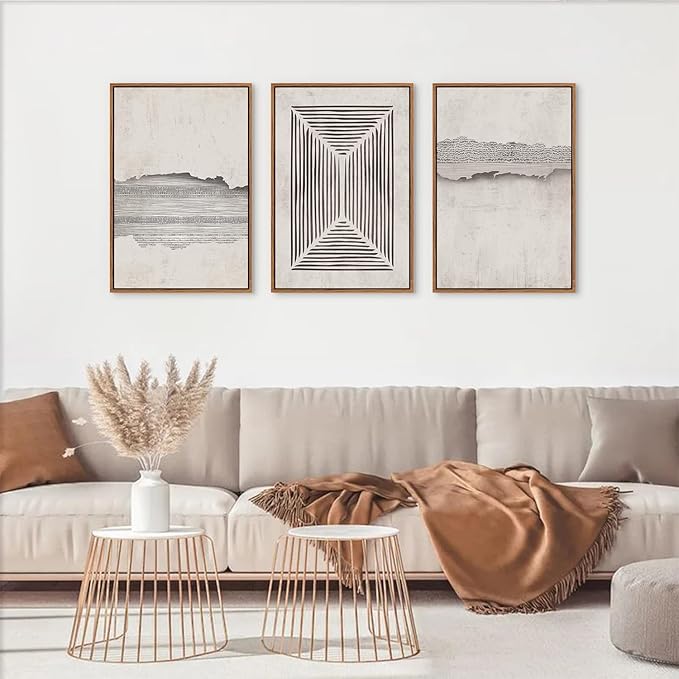 CHDITB Abstract Modern Framed Canvas Wall Art Set, Geometric Line Textured Wall Decor, Minimalist Neutral Wall Painting, Beige Black Art Prints for Living Room, Bedroom, Office - Large Size 16"x24"x3