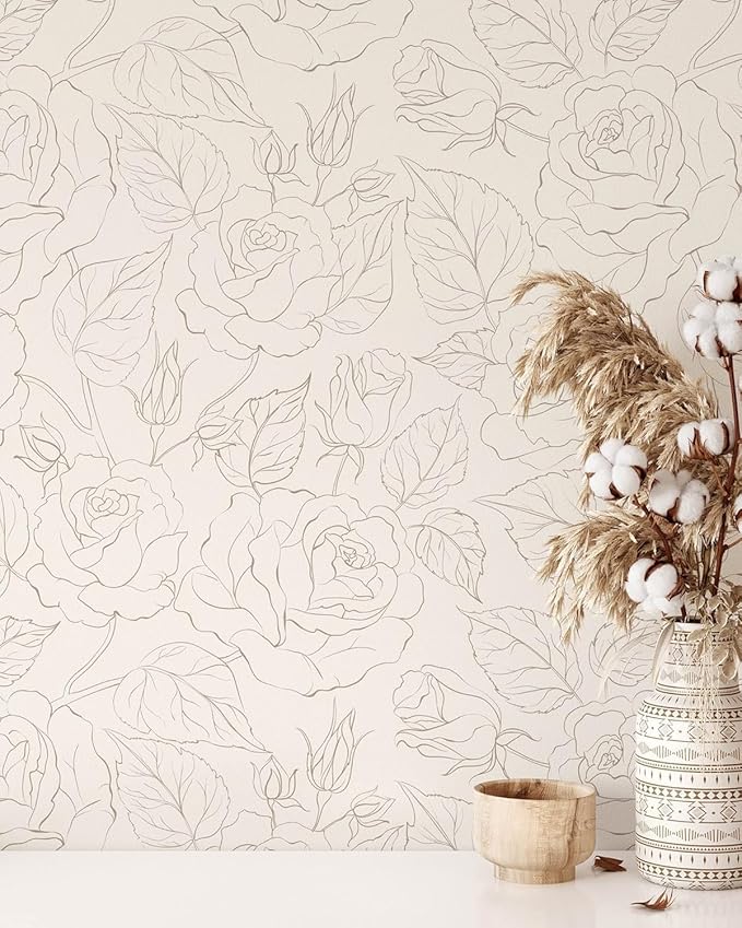 Boho Roses Wallpaper | Removable Self Adhesive Minimalistic Wallpaper | Floral Peel and Stick Wallpaper (1 roll 24" W x 132" H)