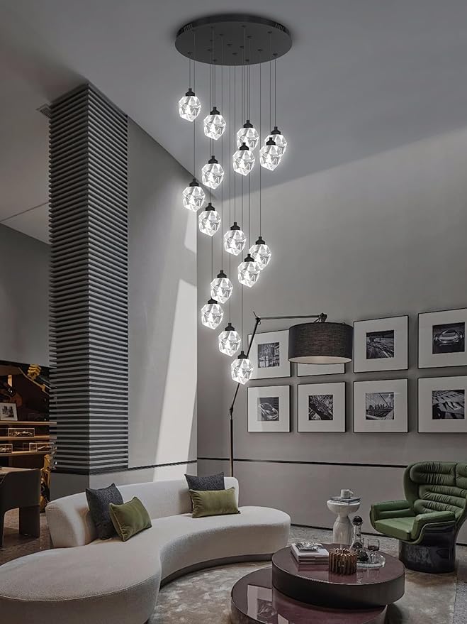 16-Lights Black Spiral Staircase Crystal Chandeliers 130 inch Long Chandelier High Foyer Ceiling Chandelier LED Dimmable 3000-6000K