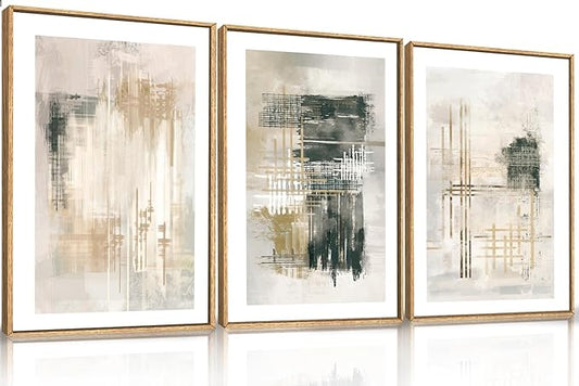 Ausril Modern Abstract Framed Canvas Wall Art Set, Neutral Beige Shape Wall Decor, Black and White Block Wall Painting, Minimalist Paint Stroke Art Print for Living Room, Bedroom, Office 24"x36"x3