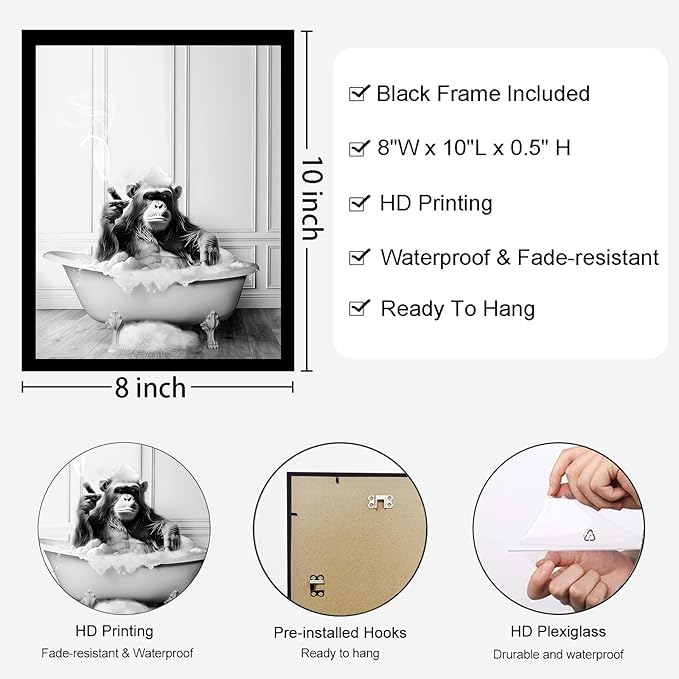 KBKBART Framed Bathroom Decor Wall Art, Chimpanzee in Bathtub, Black and White Wall Art, Funny Bathroom Wall Decor Signs, Cute Animal Art Home Decor (Framed,8''x10'')