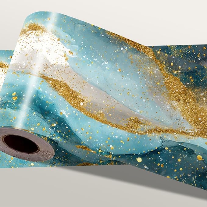 Blue Gold Marble Wallpaper Border 196x4 Inch Peel and Stick Wall Border Self Adhesive Luxury Water Wave Removable Vinyl Trim for Living Room Bedroom Bathroom Kitchen Cabinet Decoration