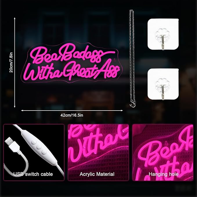 Lucunstar Be a Badass with a Goodass Neon Sign Pink Powered Led Light USB Connectivity Led Neon Light with Dimming Switch for Home Wall Decor Girls Room Decor Party Room Decor
