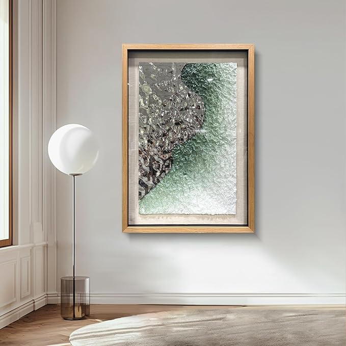 BrightA Embossed Metal Wave Wall Art - Hand-Painted Tissue Paper Gradient (Mist Green) and Silver 3D Wall Art, Contemporary Abstract Metal Sculpture for Living Room 27.5"x 39.4"