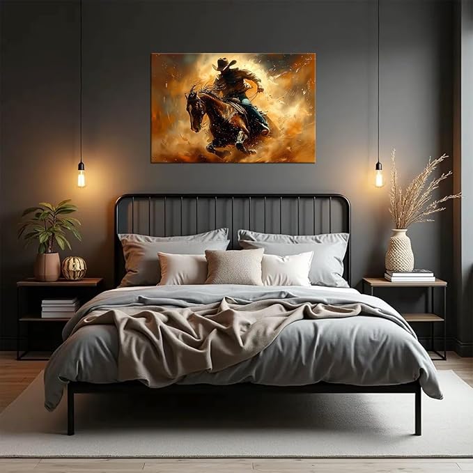 Cowboy Wall Decor for Bedroom Living Room Office Home Decoration Prints Desert Southwestern Pictures Vintage Western Artwork Painting Framed(24L x 32W)