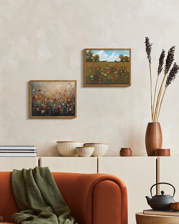 KISSFOX Vintage Landscape Framed Wall Art Autumn Farmhouse Wildflower Field Canvas Art Natural Fall Countryside Paintings Artwork Rustic Art Prints For Bedroom Bathroom Living Room