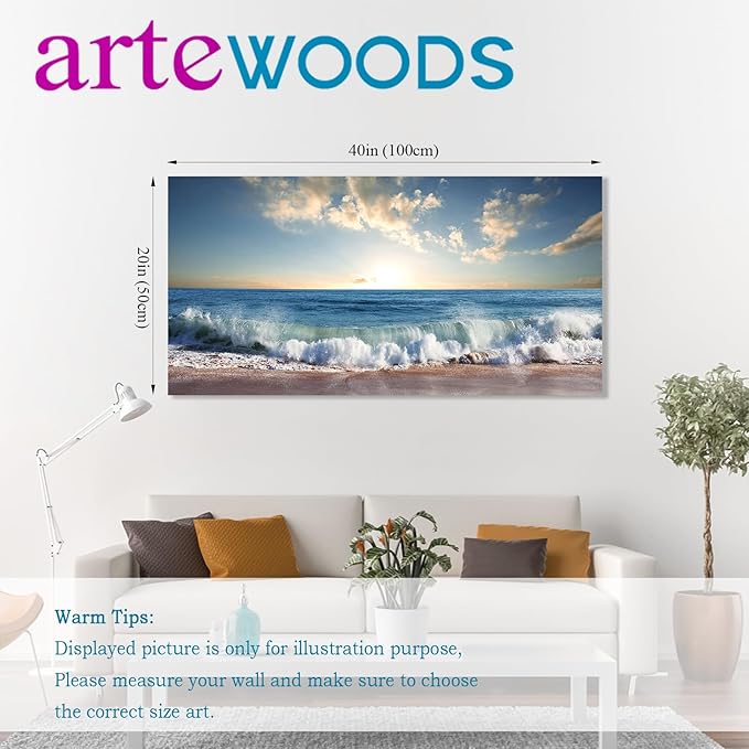 Ocean Wave Canvas Wall Art Beach Sunset Pictures Coastal Nature Artwork Blue Sea Painting Prints for Living Room Bedroom Home Office Decoration 20" x 40"
