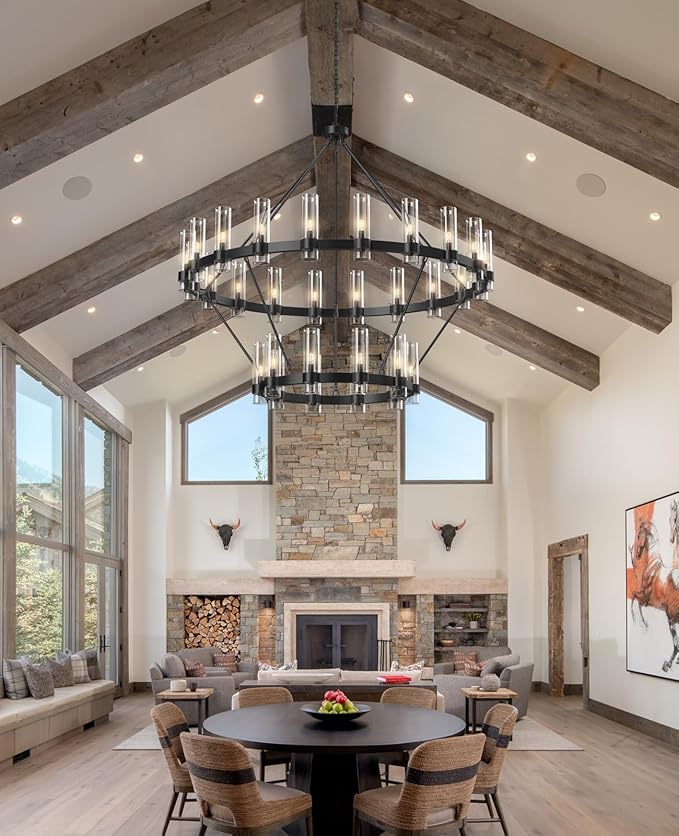 60" Black Chandelier, 2 Tier Wagon Wheel Chandelier with Glass Shade, 30-Lights Large Round Modern Farmhouse High Ceilings Pendant Lighting Fixture for Dining Room, Living Room, Kitchen, Foyer
