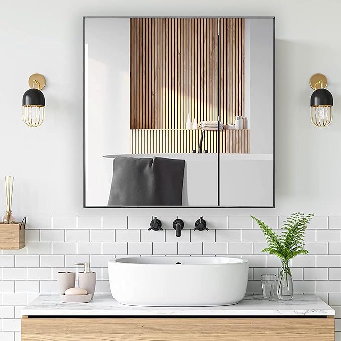 30x30 Inch Black Bathroom Mirror for Wall, Aluminum Frame Rectangle Rectangular Vanity Mirror, Modern Large for Bedroom, Living Room, Horizontal or Vertical