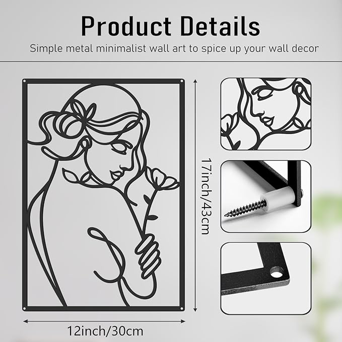 Bakovity Black Metal Wall Art, Abstract Flower Line Sculpture, Black Minimalist Modern Wall Decor for Living Room, Bedroom, Bathroom (4 Pieces, 17x12 Inches)