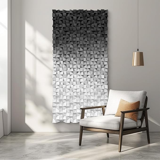 LIUZEYUE - Wooden Block Stereoscopic Painting Geometric Modeling Wall Decoration 3D Wooden Artwork Living Room Bedroom Background Wall Office Decoration Black and White Gradient 39.4 x 78.7 inches
