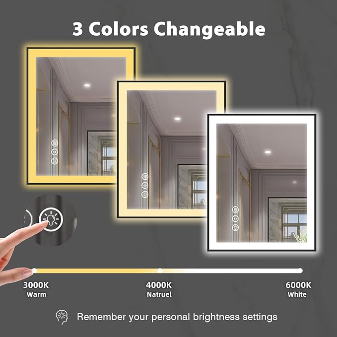 30x36 Lighted Mirrors for Bathroom Wall, Modern Rectangle Matte Black Mirror, Tempered Glass，Double Lights, 3 Colors Dimmable Temperature, IP54 Enhanced Anti-Fog, Memory (Horizontal/Vertical)