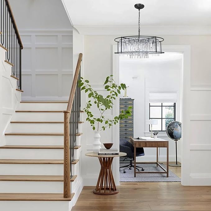 Modern Crystal Chandelier Black Round Lighting Fixture for Dining Room Bedroom Entryway Kitchen Island Living Room