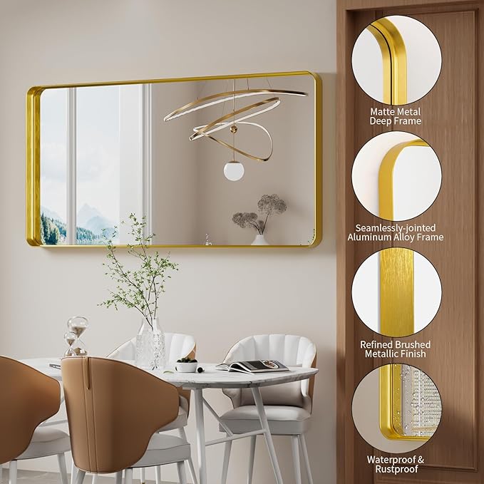 Koonmi Gold Bathroom Mirror for Wall, 30x60 Inch Matte Metal Deep Framed Rounded Corner Wall Mirror, Shatterproof Tempered Glass for Farmhouse Bedroom Entryway, Vertically or Horizontally