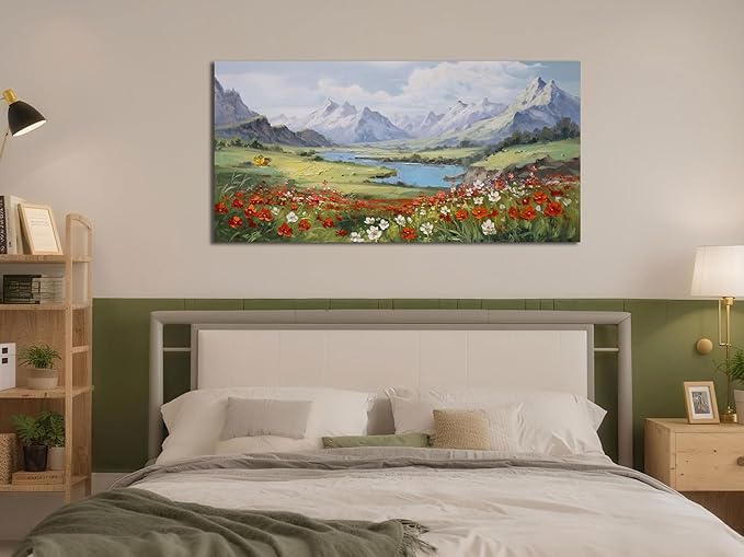 Arjun Landscape Wall Art Canvas for Living Room, Mountain Nature Painting Bedroom Large Textured Floral Scenery Picture Framed Artwork for Office Home Dining Room Hallway Wall Decor, 48"x24"
