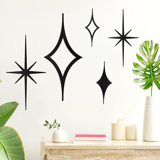 Yaocom 5 Pieces Mid Century Wall Decor Black Metal Vintage Starburst Retro Decor Mcm Wall Art Sculpture Mid Century Elegance Accents Diamond Star Bursts Vintage Style Home Decoration