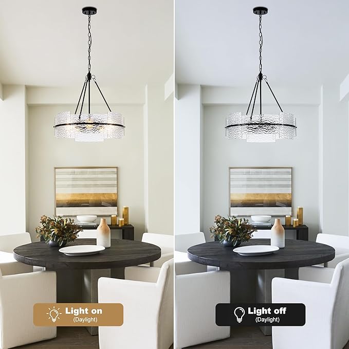 MAYNA Modern Dining Room Chandelier 22.2” Black Textured Glass Chandelier Luxury Drum Crystal Light Fixture Farmhouse Round Hanging Lighting for Dining Room Kitchen Island Living Room Hallway Bedroom