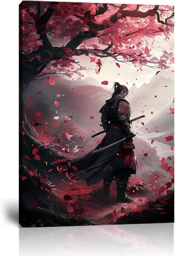 Japanese Samurai Wall Art Japan Warrior Plum Painting Canvas Prints Black and Red Picture Modern Watercolor Painting for Bedroom Living Room Office Home Decoration Framed (12''W x 16''H)