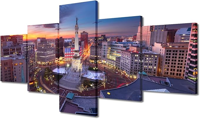 5 Panel Home Decor Skyline at the American Monument in Indianapolis Wall Art Indianapoli Dusk Urban Landscape Pictures Wall Decorations for Living Room Print on Canvas Ready to Hang (50"Wx24"H)