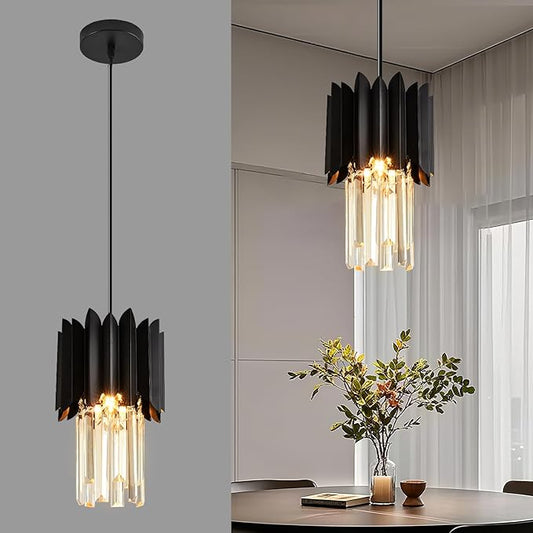 1-Light Modern Semi Flush Mount Ceiling Pendant Light Fixture, Round Pendant Lights Kitchen Island, Black Crystal Chandelier for Living Room Bedroom Hallway Entryway