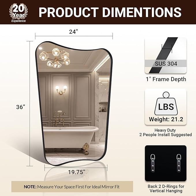 ANDY STAR 24x36 Inch Bathroom Mirror, Matte Black Irregular Wall Mirror, Bathroom Vanity Mirror with Stainless Steel Metal Frame, Unique Butterfly Inspired Shape Ideal for Home Decor