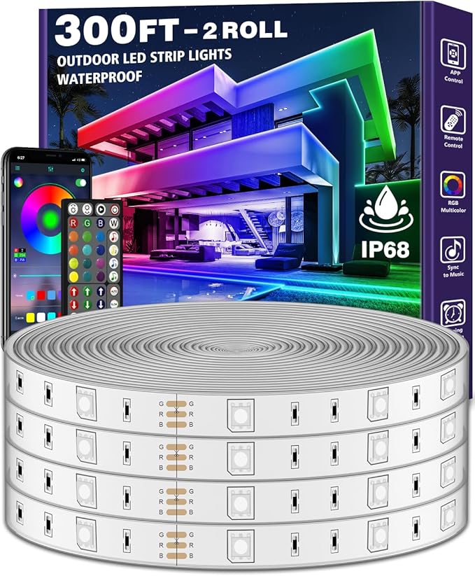 Outdoor LED Strip Lights Waterproof,IP68 Outside Led Light Strips Waterproof with Bluetooth App Remote Control,Music Sync RGB Exterior Led Rope Lights,for Balcony,Deck (300ft Outdoor LED Strip Lights)