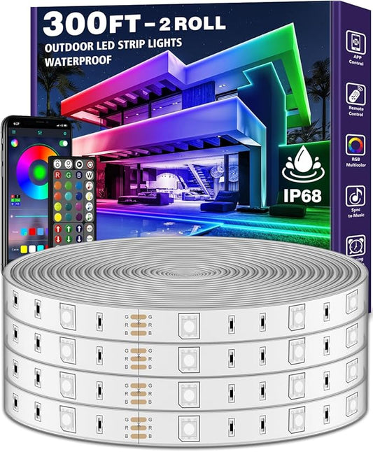 Outdoor LED Strip Lights Waterproof,IP68 Outside Led Light Strips Waterproof with Bluetooth App Remote Control,Music Sync RGB Exterior Led Rope Lights,for Balcony,Deck (300ft Outdoor LED Strip Lights)