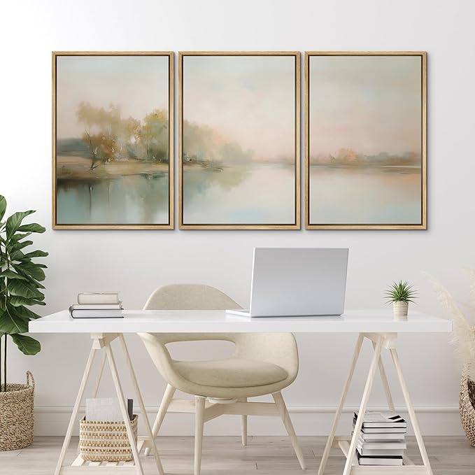 MUDECOR Framed Wall Art Print Set Soft Pastel Landscape Serene Waters and Reflections Illustrations Modern Art Boho Decorative Colorful Chic for Living Room, Bedroom, Office - 24"x36"x3 Natural