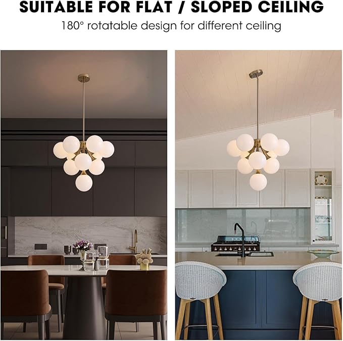 Mid Century Modern Chandelier,Gold Globe Sputnik Chandeliers,10 Lights Pendant Lighting Fixture, for Dining Living Room, Kitchen Island