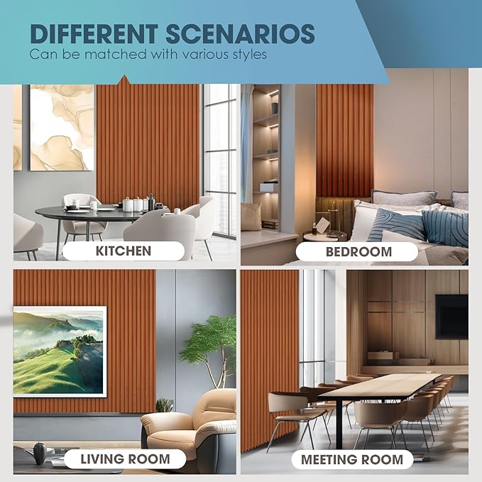 OUZUGIE WPC Acoustic Slat Wall Paneling, 8-Pack 114 x 6 Inches 3D Wall Panels for Interior Wall Decor,Living Room,TV Background,Study Room,Office Spaces,Bedroom,High Grille (Teak)