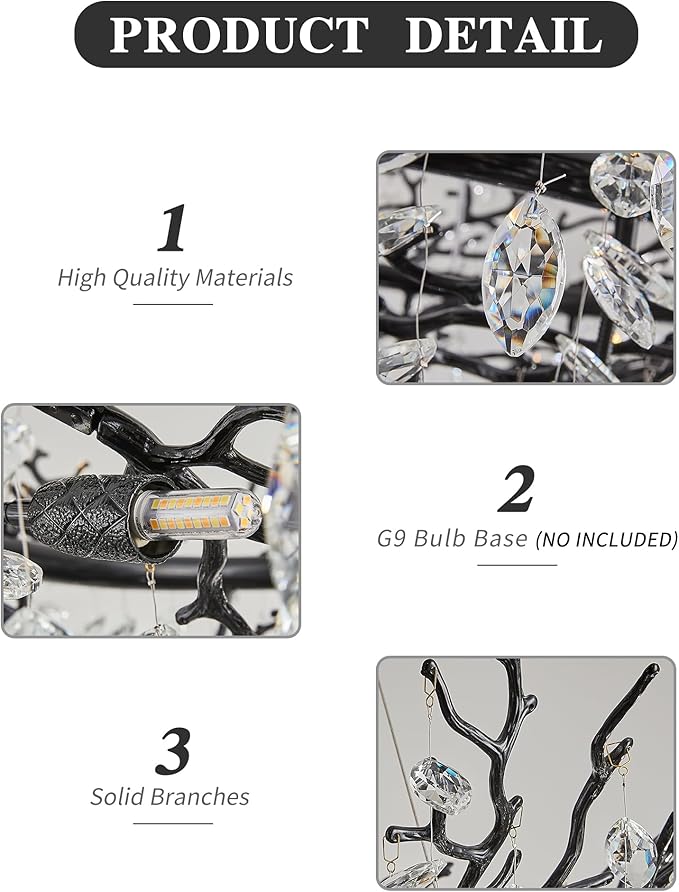 Modern Crystal Chandelier for Dining Room, 23.62" Black Tree Branch Chandeliers, 8-Light Luxury K9 Crystal Round Chandeliers for Kitchen Island Living Room