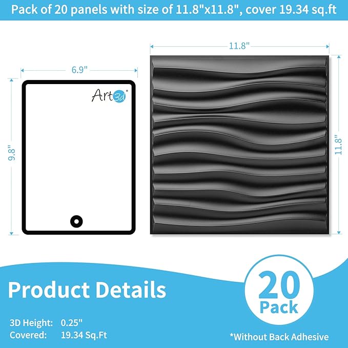 Art3d 20 Pack Decorative 3D Wall Panels, 19 Sq.Feet PVC Interior Wall Décor, 11.8"x11.8", Black