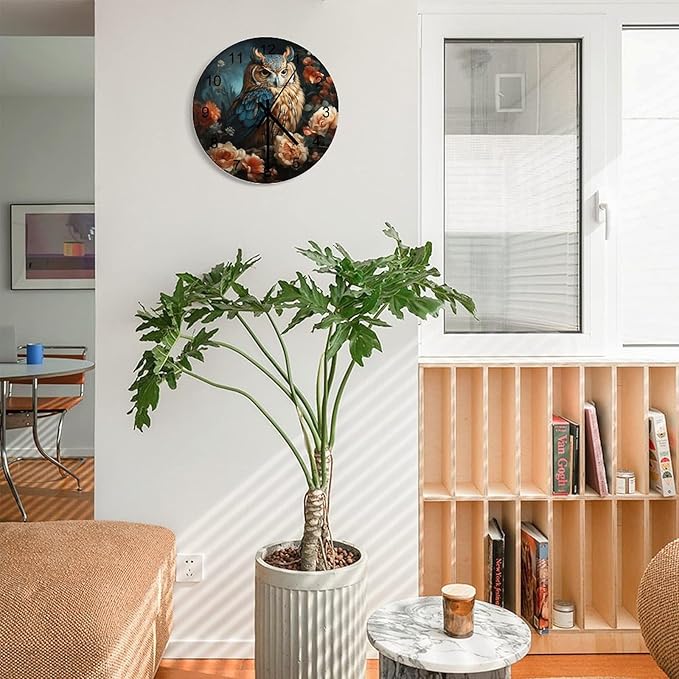 Owl-Themed Round Wall Clock, Rose Retro Art Style for Those Who Stay Up Late, Watercolor Cartoon Owl Handsome, Wooden Silent Wall Clock for The Bedroom 12x12INCH